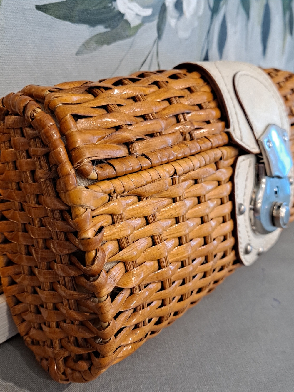 The Limited Woven Barrel Wicker Rattan Clutch White Trim and Silver Hardware - Picture 3 of 11